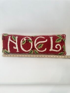 Red Noel Hooked Lumbar Pillow with Green Holly